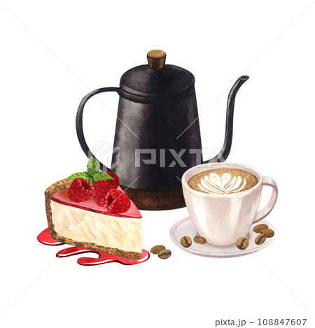 Coffee cup latte, coffee pot and dessert, cheesecake with raspberries and jam. Cake and hot drink decorated with heart of milk. Watercolor hand drawn illustrations, isolated on white background. 108847607