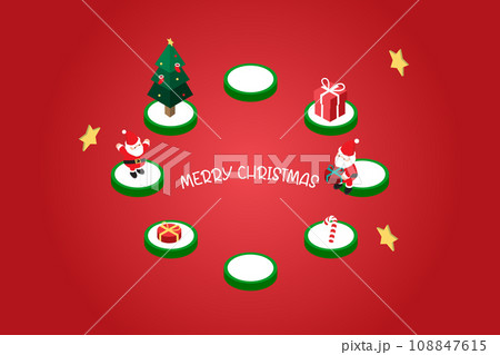 isometric Christmas banner template with Christmas gift box on the small circle podium 108847615