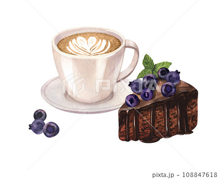 Coffee cup latte and chocolate cake with blueberry. Dessert cream with wildberry and hot drink decorated with heart of milk. Watercolor hand drawn illustrations, isolated on white background. 108847618