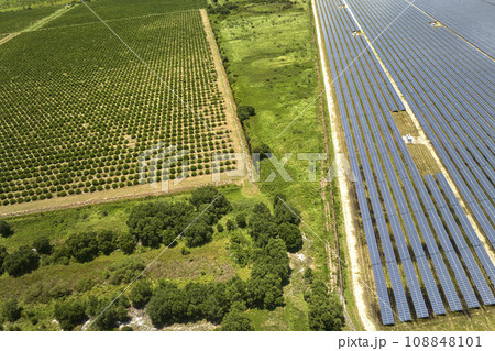 Aerial view of sustainable electric power plant between agricultural farm fields with solar photovoltaic panels for producing clean electrical energy. Renewable electricity with zero emission concept 108848101