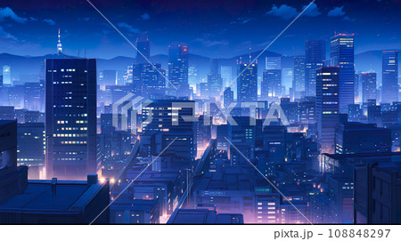 大都会の夜景のアニメ風イラスト「AI生成画像」のイラスト素材