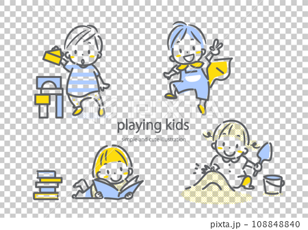 それぞれ楽しく遊ぶ子供たち　シンプルでかわいい線画イラスト 108848840