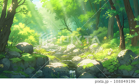 木漏れ日が落ちる森のアニメ風イラスト「AI生成画像」 108849196
