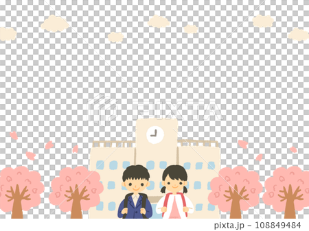 小學生、櫻花和學校插畫 108849484