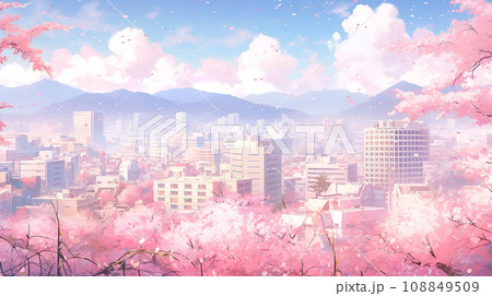 美しい満開の桜と都市のアニメ風イラスト風景「AI生成画像」 108849509