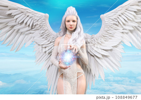 大きく翼を広げた天使の手の中でボールが光るのイラスト素材