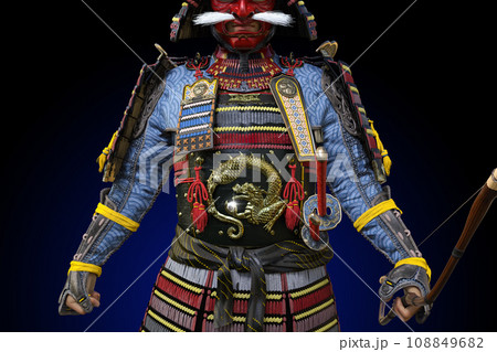 龍の紋様がある甲冑と赤い鬼の面をつけた戦国武士 108849682