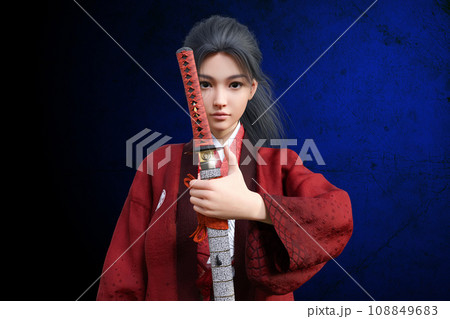 羽織袴姿の女侍が刀を抜こうとする 108849683