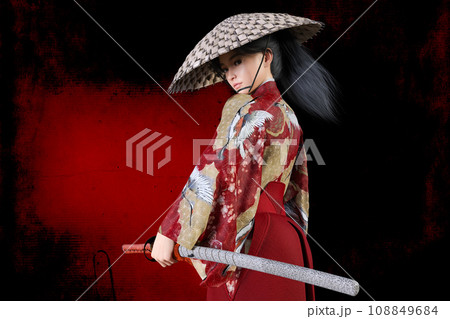 編笠の羽織袴姿の女侍が振り向く 108849684
