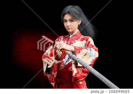 羽織袴姿の女侍が刀を構える 108849685