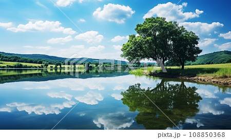 湖面に映った青い空 108850368
