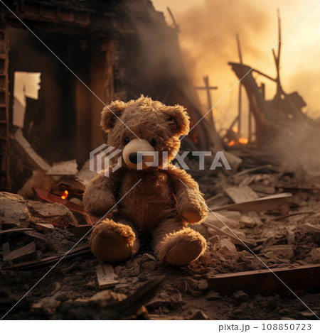 War children tragedy concept - sad teddy bear left in ruins of house destroyed at war 108850723