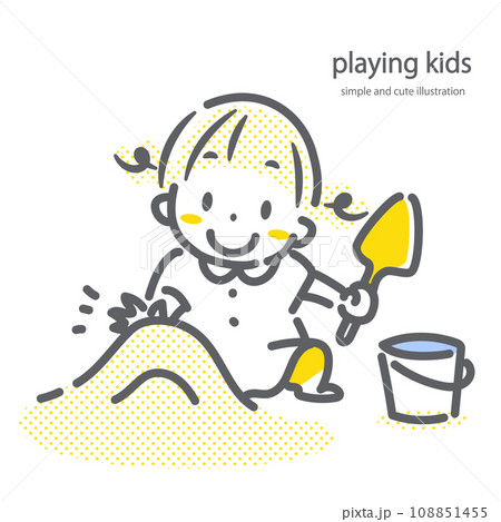 楽しく砂場で遊ぶ女の子　シンプルでかわいい線画イラスト 108851455