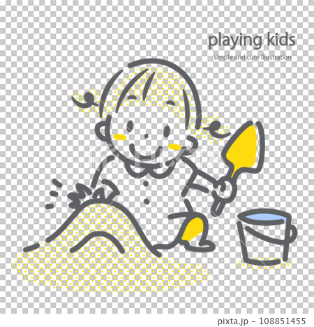 楽しく砂場で遊ぶ女の子　シンプルでかわいい線画イラスト 108851455