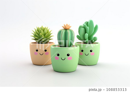 Set of cactus in cute flowerpot. Generative AI. 108853313