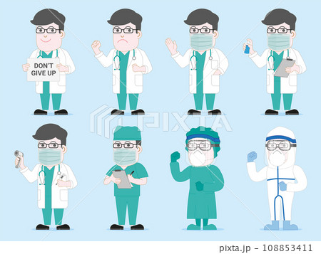 Asian doctor set with medical uniform personal protective equipment cartoon style character design Asian doctor set with medical uniform personal protective equipment cartoon style character design 108853411