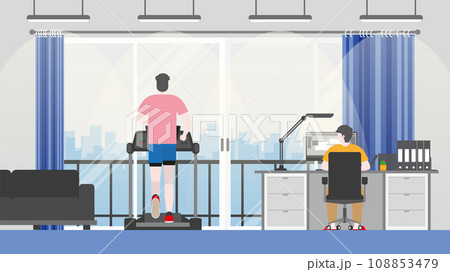Work from home lifestyle. One is working on computer and another has exercise running on treadmill 108853479