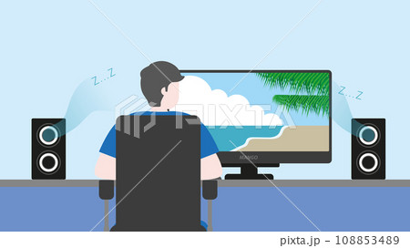 A man has journey to the sea beach by computer screen, and listen to a relax music. A man has journey to the sea beach by computer screen, and listen to a relax music. 108853489