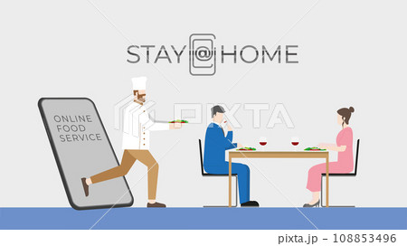 ouple have romantic dinner dating at home. Using online food delivery application. 108853496