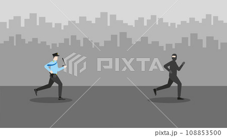 Thief running away escape from Policeman in the city at night. 108853500
