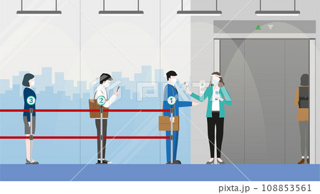 Business people stand apart at queue line for temperature and hand sanitizer Business people stand apart at queue line for temperature and hand sanitizer 108853561
