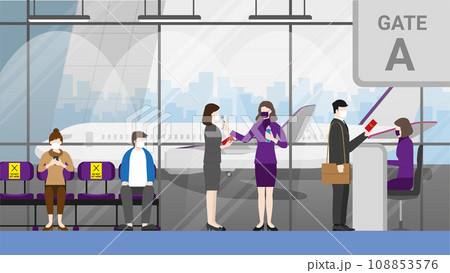 People wearing mask and social distancing queue for airline crew checkpoint at boarding gate People wearing mask and social distancing queue for airline crew checkpoint at boarding gate 108853576