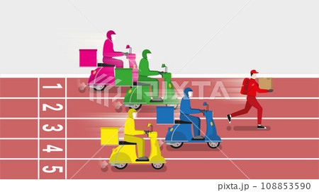Faster deliveryman running win over motorcycle in race track. Faster deliveryman running win over motorcycle in race track. 108853590