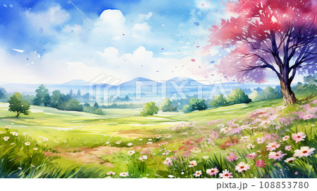 晴天の春の丘陵地帯　美しい花々の水彩イラスト　AI画像 108853780