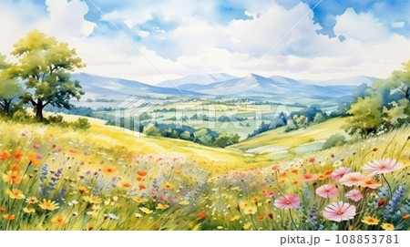 晴天の春の丘陵地帯　美しい花々の水彩イラスト　AI画像 108853781