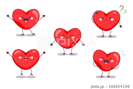 Cheerful Heart Mascot Characters. Cute Funny Hearts Pack With Happy Smile of Face. Vector Romantic Collection for Valentine's Day Greetings Cards or Holiday Decorative Banners. 108854198