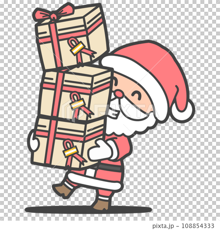 Illustration of Santa Claus working hard to carry a big present in preparation for Christmas Illustration of Santa Claus working hard to carry a big present in preparation for Christmas 108854333