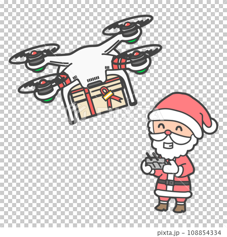 Illustration of Santa Claus operating a drone transporting Christmas presents Illustration of Santa Claus operating a drone transporting Christmas presents 108854334