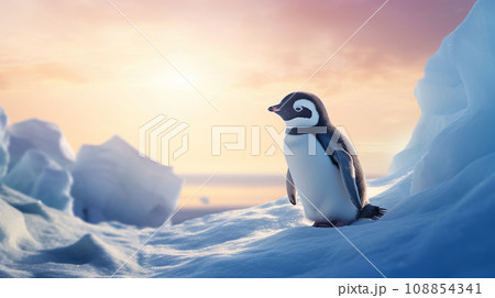 南極のかわいいペンギン 雪と氷の世界 AI画像のイラスト素材