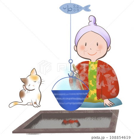 おばあさんが囲炉裏の鍋でぐつぐつ煮物をしているイラスト 108854619