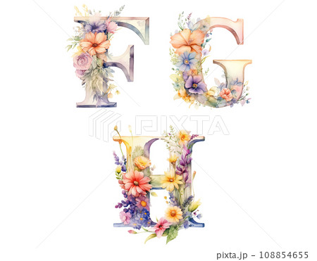 水彩画風の花文字のアルファベット F～H 【AI生成画像】 108854655