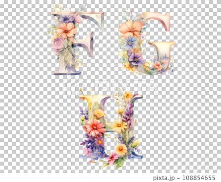 水彩画風の花文字のアルファベット F～H 【AI生成画像】 108854655