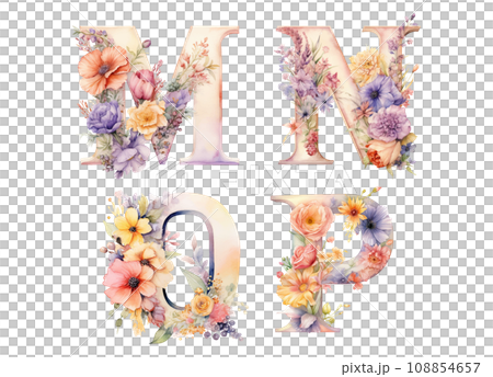 Watercolor style floral alphabet M to P [AI generated image] 108854657