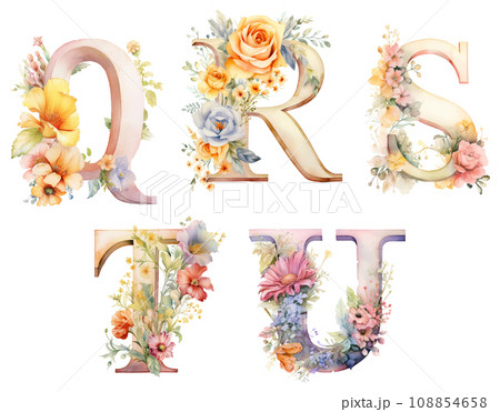 水彩画風の花文字のアルファベット Q～U 【AI生成画像】 108854658