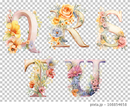 水彩画風の花文字のアルファベット Q～U 【AI生成画像】 108854658