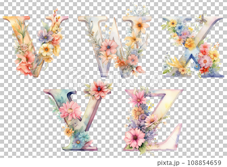 Watercolor style floral alphabet V to Z [AI generated image] 108854659