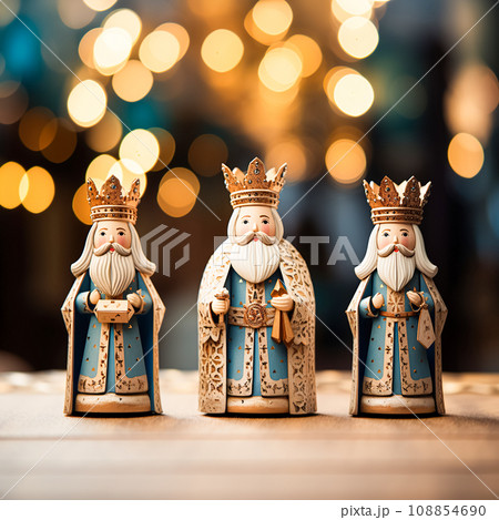 Three wise men holding gifts for Jesus. Concept for religious holiday of Epiphany, Nativity of Jesus, Three Kings Day, Christmas Three wise men holding gifts for Jesus. Concept for religious holiday of Epiphany, Nativity of Jesus, Three Kings Day, Christmas 108854690