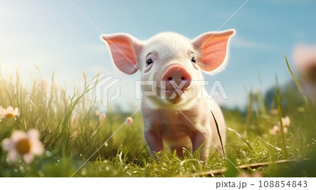 牧草地に立つかわいい豚　AI画像 108854843