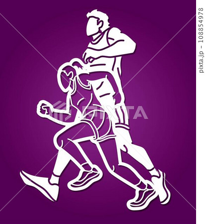 Group of People Running Together Runner Marathon Mix Male and Female Jogger Cartoon Sport Graphic Vector 108854978