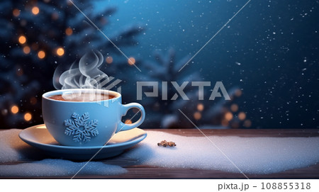 雪の結晶のマークがついたコーヒーカップ ホワイトクリスマスの背景 AI画像 雪の結晶のマークがついたコーヒーカップ ホワイトクリスマスの背景 AI画像 108855318