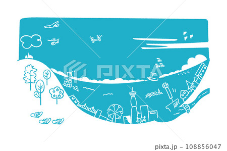 青い海と青い空の港町のイメージ　イラスト素材	 108856047