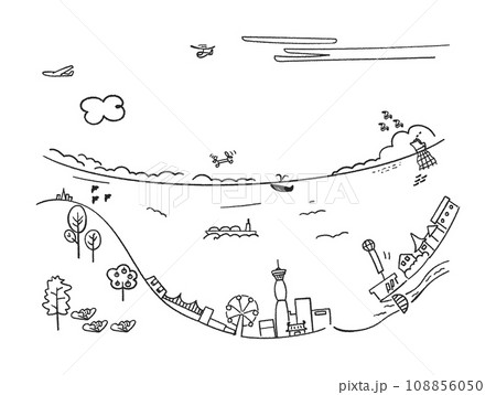 青い海と青い空の港町のイメージ　モノクロ　イラスト素材 108856050