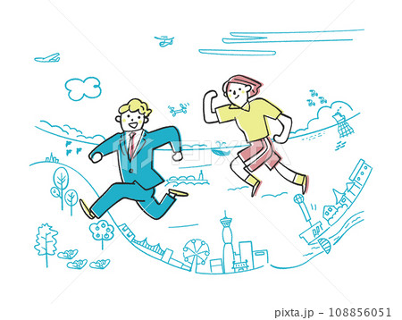 港町を駆け抜ける制服姿の学生とスポーツマン　イラスト素材 108856051