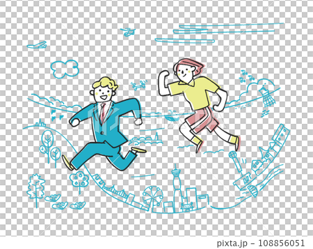 港町を駆け抜ける制服姿の学生とスポーツマン　イラスト素材 108856051