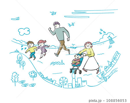 港町を散策する若い子供連れの家族　イラスト素材 108856053