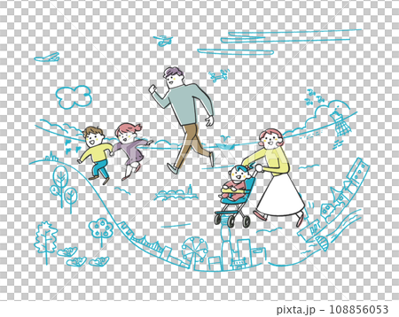 港町を散策する若い子供連れの家族　イラスト素材 108856053